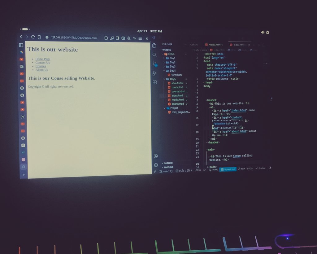 adiityavermaa's tweet image. Day 6 of #100DaysOfCode 🚀
Learned HTML media tags today (audio, video, iframe)
Also built a multi-page website using HTML only🧩
Starting to enjoy the process of building things from scratch🔥
#100DaysOfCode #WebDev #LearnInPublic
#LearnDaily #LearnAndBuild
#HTML #CodingJourney