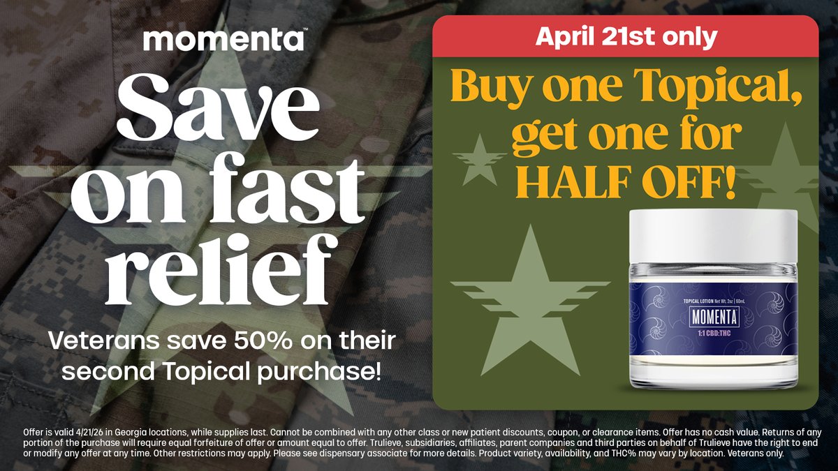 TrulieveGA's tweet image. Thank you to our veteran patients who served 💚 Enjoy fast‑acting relief with Momenta Topicals! #Trulieve #Georgia 

Shop now: spr.ly/6018BBBlRK