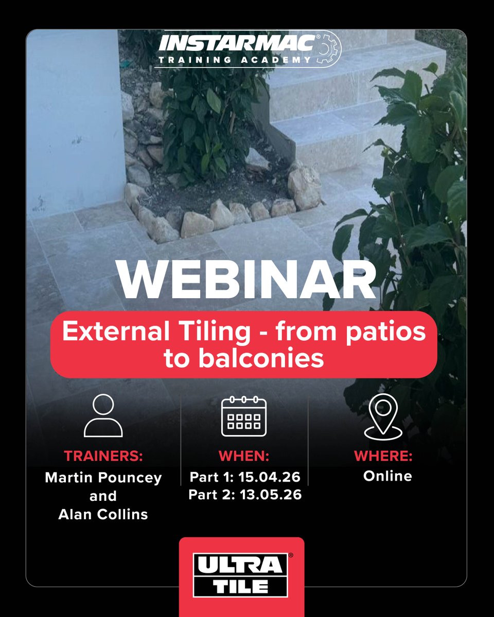 UltraTile_UK's tweet image. Ready for Spring Tiling Success?

Join us for a FREE 2-Part Webinar Series on External Tiling – From Patios to Balconies!

👉 Register for Part 2: share.hsforms.com/13-_r91shRTmca… 

#TilingTraining #ExternalTiling #Webinar #ConstructionEducation #InstarmacTrainingAcademy