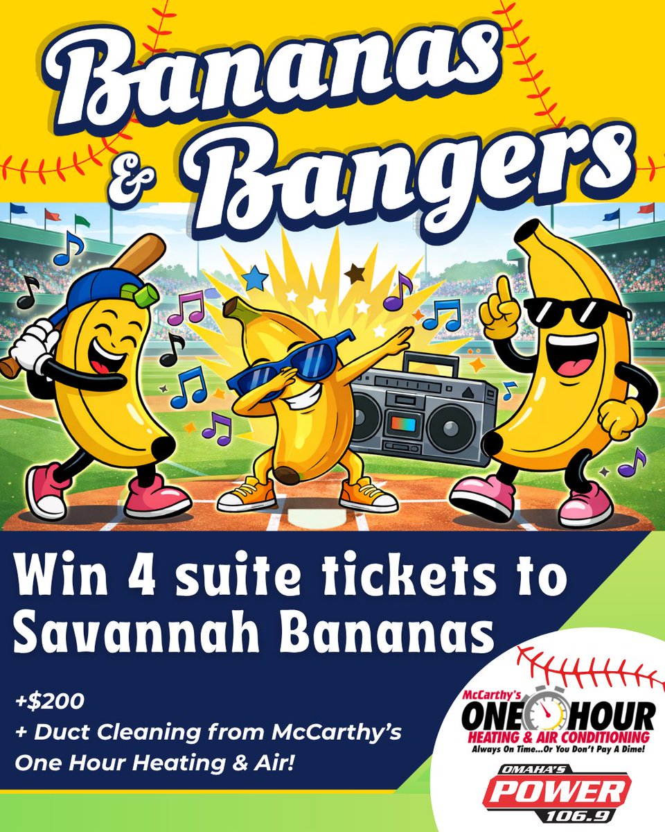power1069's tweet photo. BANANAS &amp; BANGERS‼️🍌⚾️🎶

Hooking you up with 4 suite tix to @TheSavBananas at Haymarket Park on 6/11, $200, AND a free duct cleaning, powered by McCarthy’s One Hour Heating &amp; Air Conditioning.

Submit your hardest walk-up song for a chance to win at https://t.co/xJxZaz32ES! 🔥 https://t.co/iiCj9BvSXJ