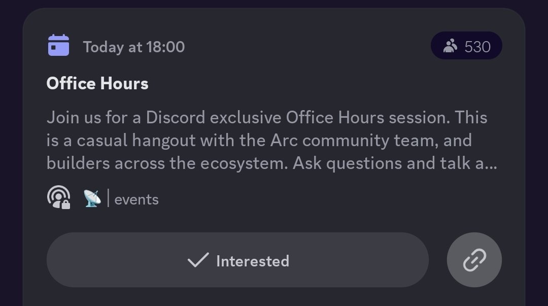Are you building anything on arc? Do you have questions about arc? Wanna showcase your product?

Attend the <a href="/arc/">Arc</a> office hour. It starts in 1hr