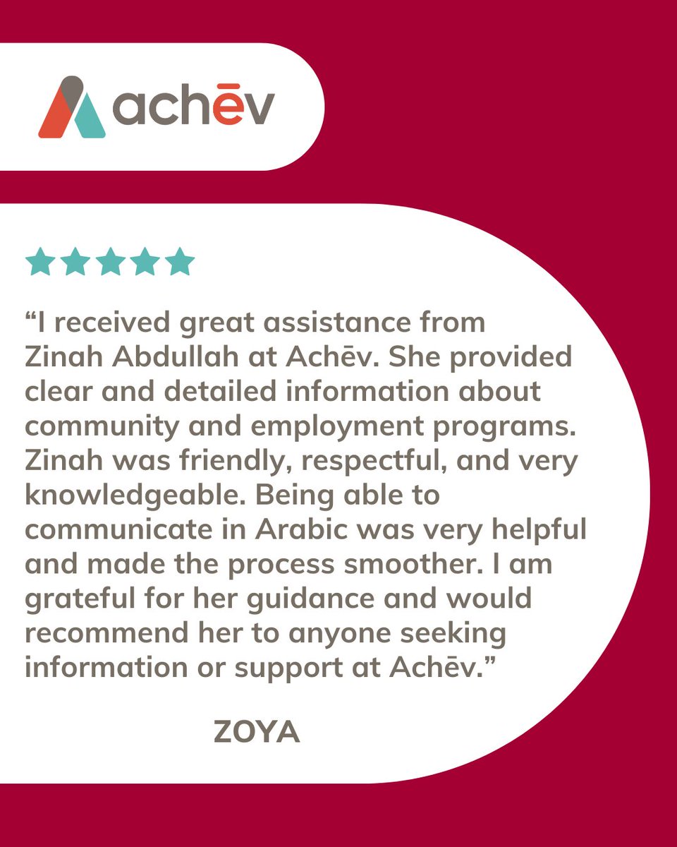 achev_ca's tweet image. Happy #testimonialtuesday! Thank you, Zoya, for your wonderful testimonial. We value our clients’ feedback. If you are a newcomer in Ontario and looking for services to help you successfully settle in Canada, register for our free newcomer services today: bit.ly/3ez6hyZ