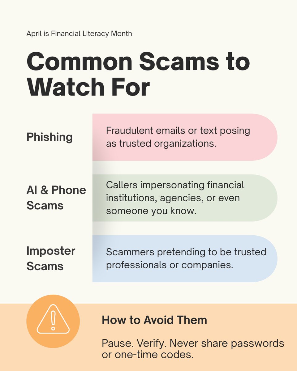 RBankTX's tweet photo. Scams are evolving, from phishing emails to AI-generated voice calls designed to sound like someone you trust.  
Staying informed is one of the best ways to stay protected! 

#FraudPrevention #ScamAwareness #FinancialSafety https://t.co/RCI8Wd6Fd7