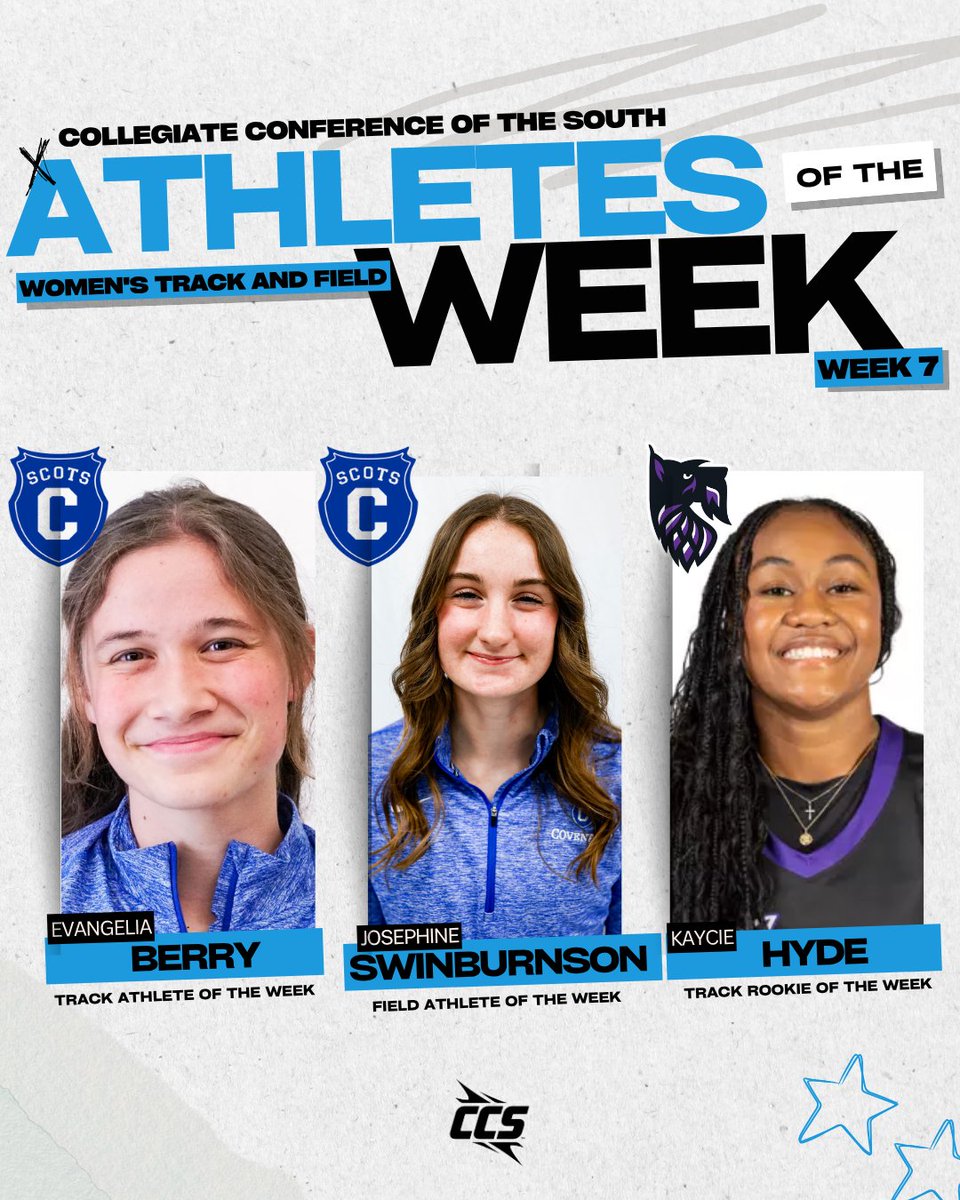 CCofSouth's tweet image. 🏃‍♀️WK 7 | CCS Women’s Track and Field Athletes of the Week

TRACK: Evangelia Berry, Covenant

FIELD: Josephine, Swinburnson, Covenant

TRACK ROOKIE: Kaycie Hyde, Agnes Scott

🔗: Link in bio.

🏃‍♀️| #CCS | #CCSWTF