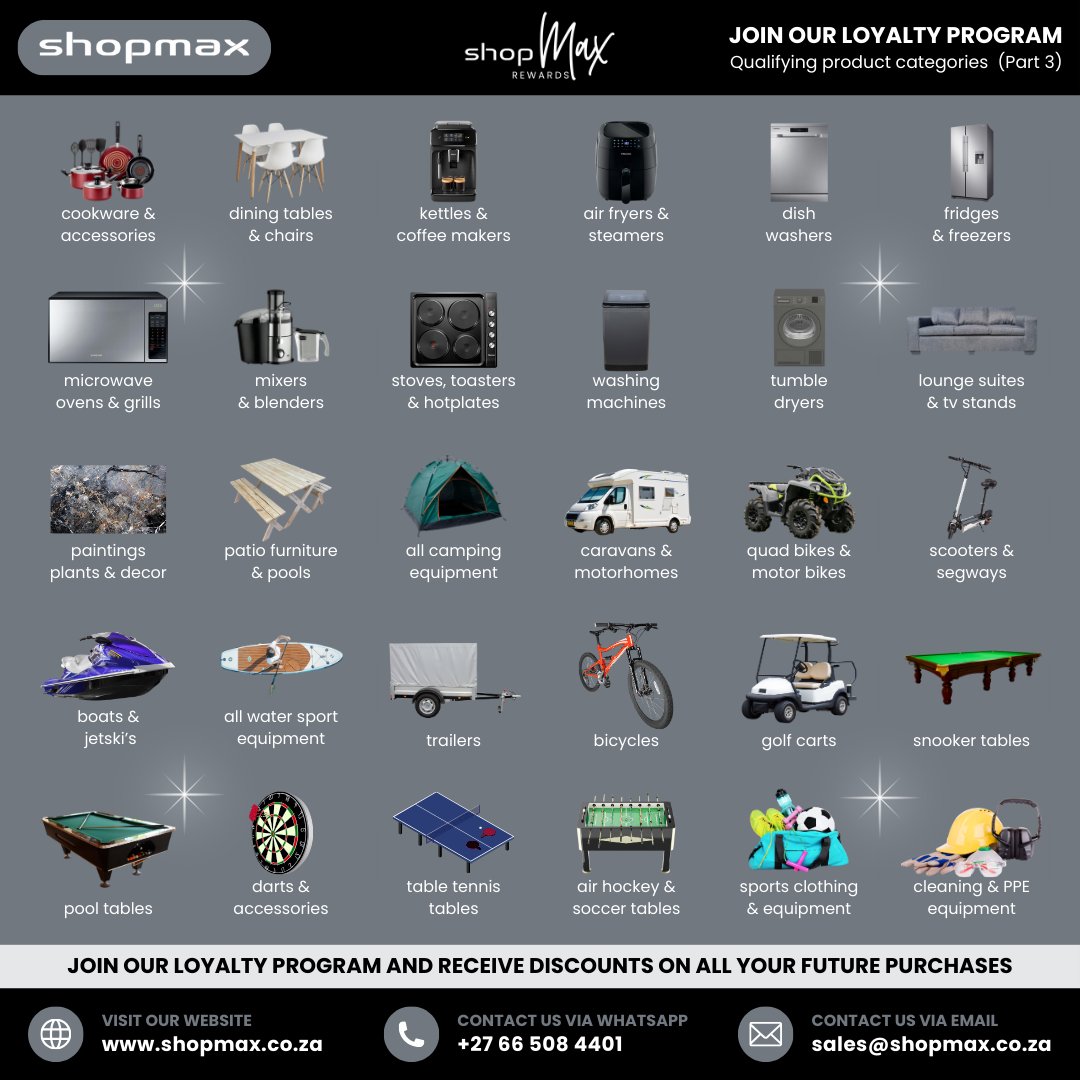 SHOPMAX6's tweet image. 💳 Stop paying full price.
With MAXREWARDS:
✔️ Save on every purchase
✔️ More buying = more savings
✔️ One signup, ongoing benefits
👉 Join now:
shopmax.co.za/max_rewards_me…
#MaxRewards #ShopSmart #SaveMore #Shopmax #DealsSA