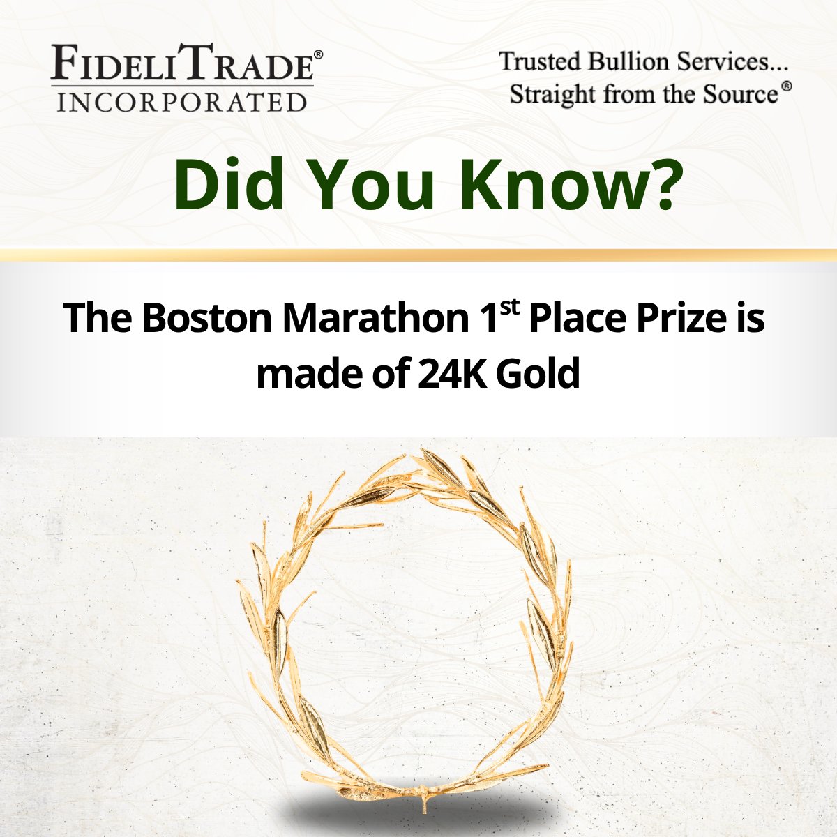 FideliTrade's tweet image. ✨  Did you know? The Boston Marathon awards Gilded Olive Branch Wreaths to 1st place winners. These wreaths are coated with 24K gold and symbolize the link between the ancient battle and the modern race.

#bostonmarathon #gold #bullion #award #preciousmetal #funfacts