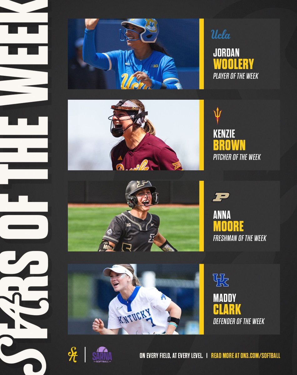 SoftbalAmerica's tweet photo. Jordan Woolery, Kenzie Brown, Anna Moore and Maddy Clark make up this week's Softball America Stars of the Week. 

Presented by @SarnaBaseball 

🔗 https://t.co/UyDehJzjAy https://t.co/4y1xKbqxPg