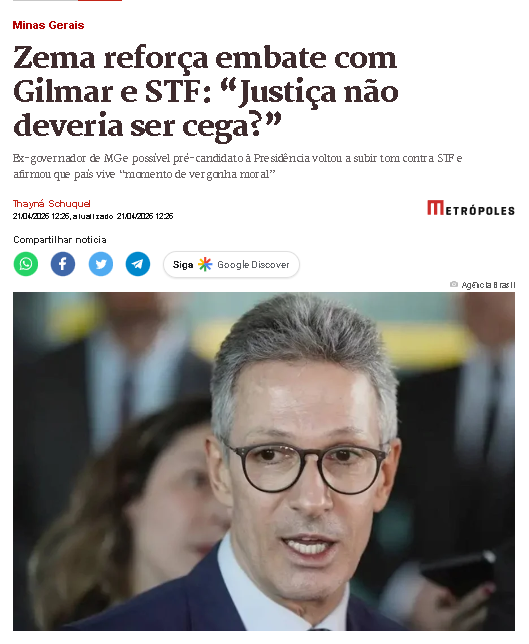 DestraNoticias's tweet photo. 🚨 VEJA: No Dia de Tiradentes, em Ouro Preto, Romeu Zema foi direto ao ponto: "A Justiça não deveria ser cega, ministro Gilmar Mendes?"
Pergunta simples. Resposta, o Brasil inteiro quer saber. 
#RomeuZema #STF #GilmarMendes #Tiradentes #Brasil2026 https://t.co/lWhpFGPz9e
