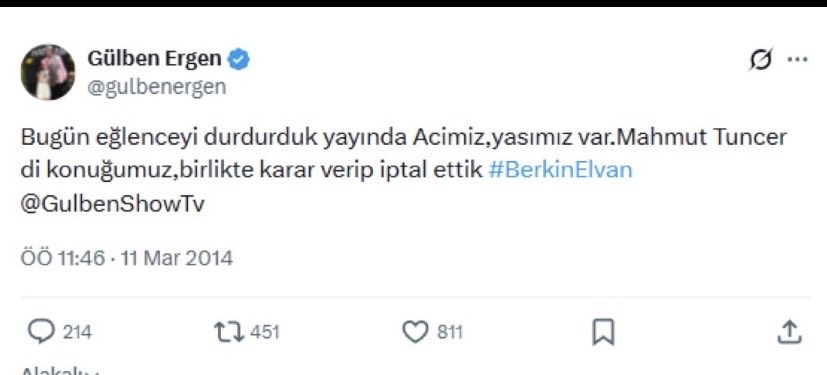 Berkin Elvan öldüğünde milli yas ilan edilmiş miydi? Konserler ve sinemalar da iptal edilip kapanmadı.
Sen de o zaman acını içinde yaşayıp programda eğlenceye devam etseydin.
Bu iki yüzlülüğün, her duruma müsait politik tutumun tahammülfersa boyutta Gülben. <a href="/gulbenergen/">Gülben Ergen</a> 
Yazık.