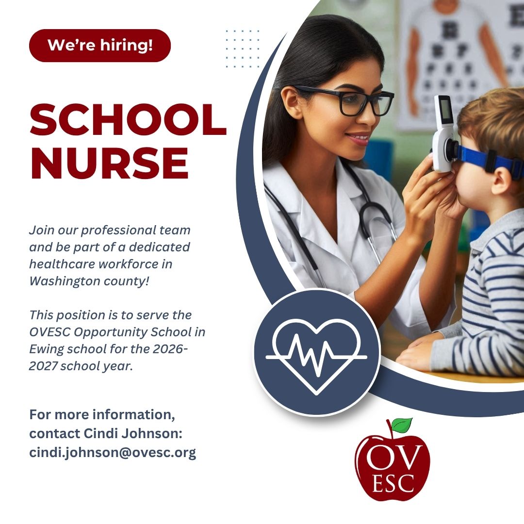 OhioValleyESC's tweet photo. The Ohio Valley ESC is hiring a School Nurse!
Join a dedicated healthcare team serving students in Washington County.
This position will support the OVESC Opportunity School at Ewing School.
For more information, contact Cindi Johnson:
cindi.johnson@ovesc.org
#SERVE https://t.co/ygH0puzSCU