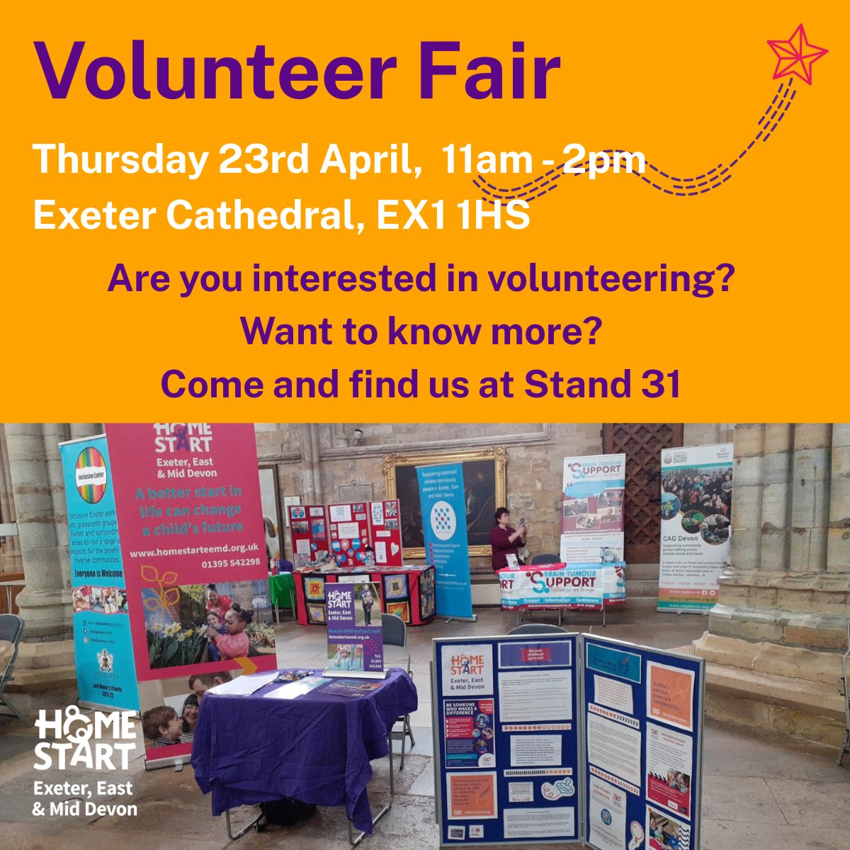 HomeStartExe's tweet image. We're excited for the ECI Volunteer Fair, 23rd April, at Exeter Cathedral. Come and meet us at Stand 31 and find out more about the wonderful work of Home-Start Volunteers. #Exeter #Devon #Volunteering