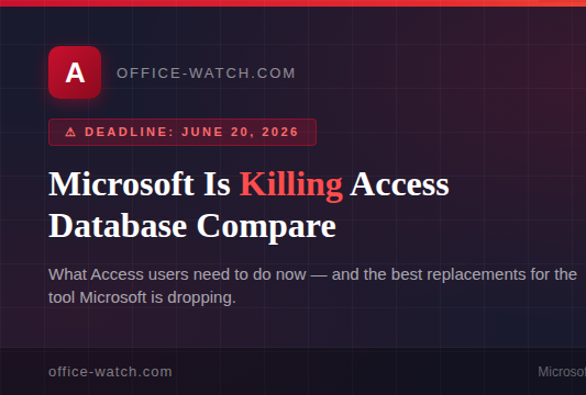 OfficeWatch's tweet image. Microsoft is retiring #Access Database Compare on June 20, 2026. 
If you use it for version control or change auditing, you need a replacement now. 
Here are four alternatives worth trying instead of #Microsoft365 #Office2024 and earlier
office-watch.com/2026/microsoft…