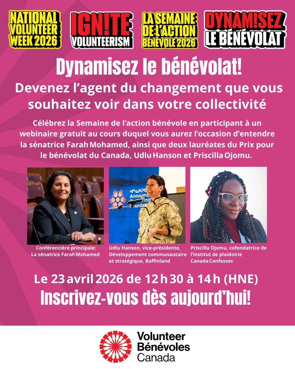 VolunteerCanada's tweet photo. Soyez des nôtres le 23 avril à l’occasion de notre webinaire sur la Semaine de l’action bénévole 2026!  Outre la sénatrice Mohamed, Udlu Hanson & Priscilla Ojomu partageront avec nous leur expérience en tant que l’inclusion & des besoins les plus pressants de leurs communautés.     

Inscrivez-vous ici: https://t.co/2gnaP9Ri1F #SAB2026 #DynamisezLeBenevolat