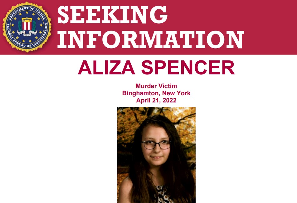 FBIMostWanted's tweet image. The #FBI offers a reward of up to $50,000 for information leading to the identification, arrest, and conviction of those responsible for the murder of 12-year-old Aliza Spencer on April 21, 2022, in Binghamton, New York: fbi.gov/wanted/seeking…