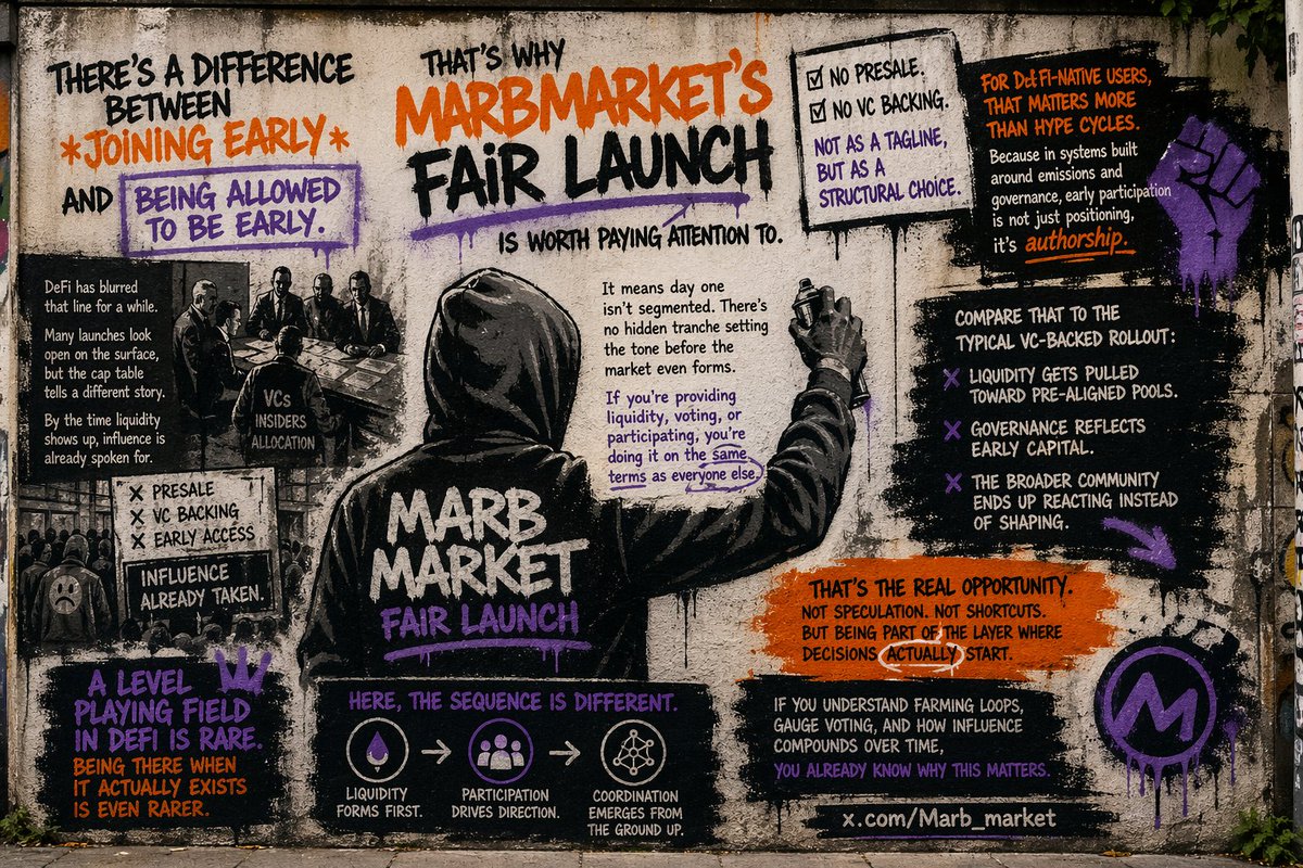 0xlovelive's tweet photo. There’s a difference between joining early and being allowed to be early.

DeFi has blurred that line for a while.
Many launches look open on the surface, but the cap table tells a different story. By the time liquidity shows up, influence is already spoken for.
That’s why MarbMarket’s fair launch is worth paying attention to.

No presale.
No VC backing.

Not as a tagline, but as a structural choice.
It means day one isn’t segmented. There’s no hidden tranche setting the tone before the market even forms. If you’re providing liquidity, voting, or participating, you’re doing it on the same terms as everyone else.

For DeFi-native users, that matters more than hype cycles.

Because in systems built around emissions and governance, early participation is not just positioning, it’s authorship.
You’re not chasing incentives, you’re helping define where they go.

Compare that to the typical VC-backed rollout:
liquidity gets pulled toward pre-aligned pools, governance reflects early capital, and the broader community ends up reacting instead of shaping.

Here, the sequence is different.
Liquidity forms first.
Participation drives direction.
Coordination emerges from the ground up.

That’s the real opportunity. Not speculation, not shortcuts, but being part of the layer where decisions actually start.
If you understand farming loops, gauge voting, and how influence compounds over time, you already know why this matters.

A level playing field in DeFi is rare.
Being there when it actually exists is even rarer.

https://t.co/vHwghaqm8q