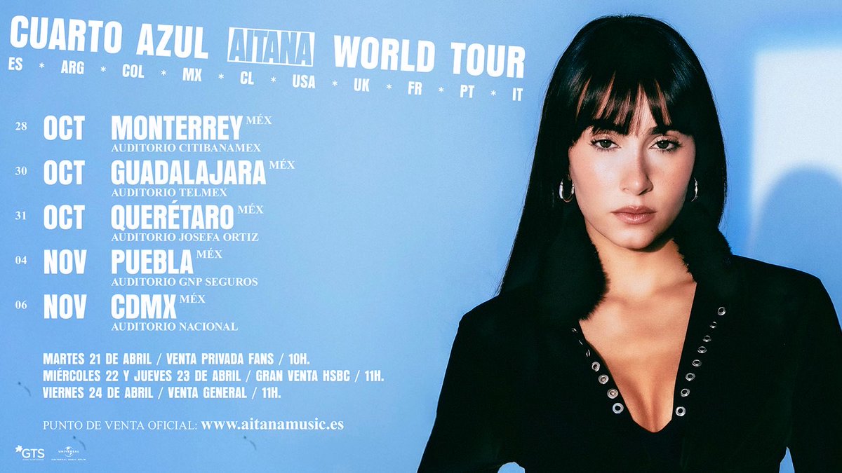 🇲🇽 PREVENTA FANS: MÉXICO
#CUARTOAZULWORLDTOUR

La magia que se crea cuando Aitana y México se encuentran, solo la entienden quienes la han vivido. Accede ya a esta preventa exclusiva con el código que recibiste por email.

Venta general 24/04 a las 11h.
🎫 aitana.lnk.to/cawt-tickets