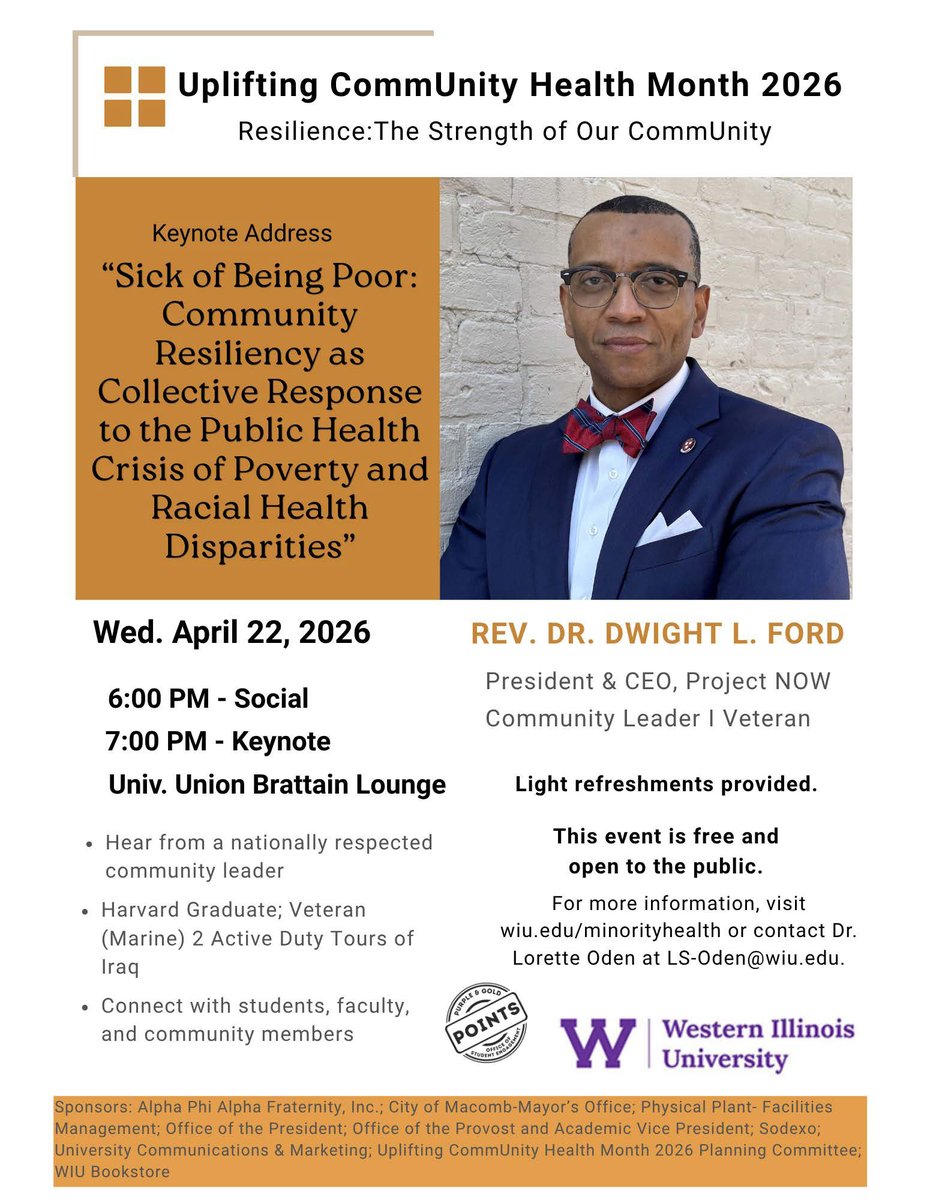 WIU is pleased to welcome Rev. Dwight L. Ford, president and CEO of Project  NOW, as the keynote speaker of WIU's Uplifting Community Health Month 2026.  Read more: https://t.co/hco8k8hwi6