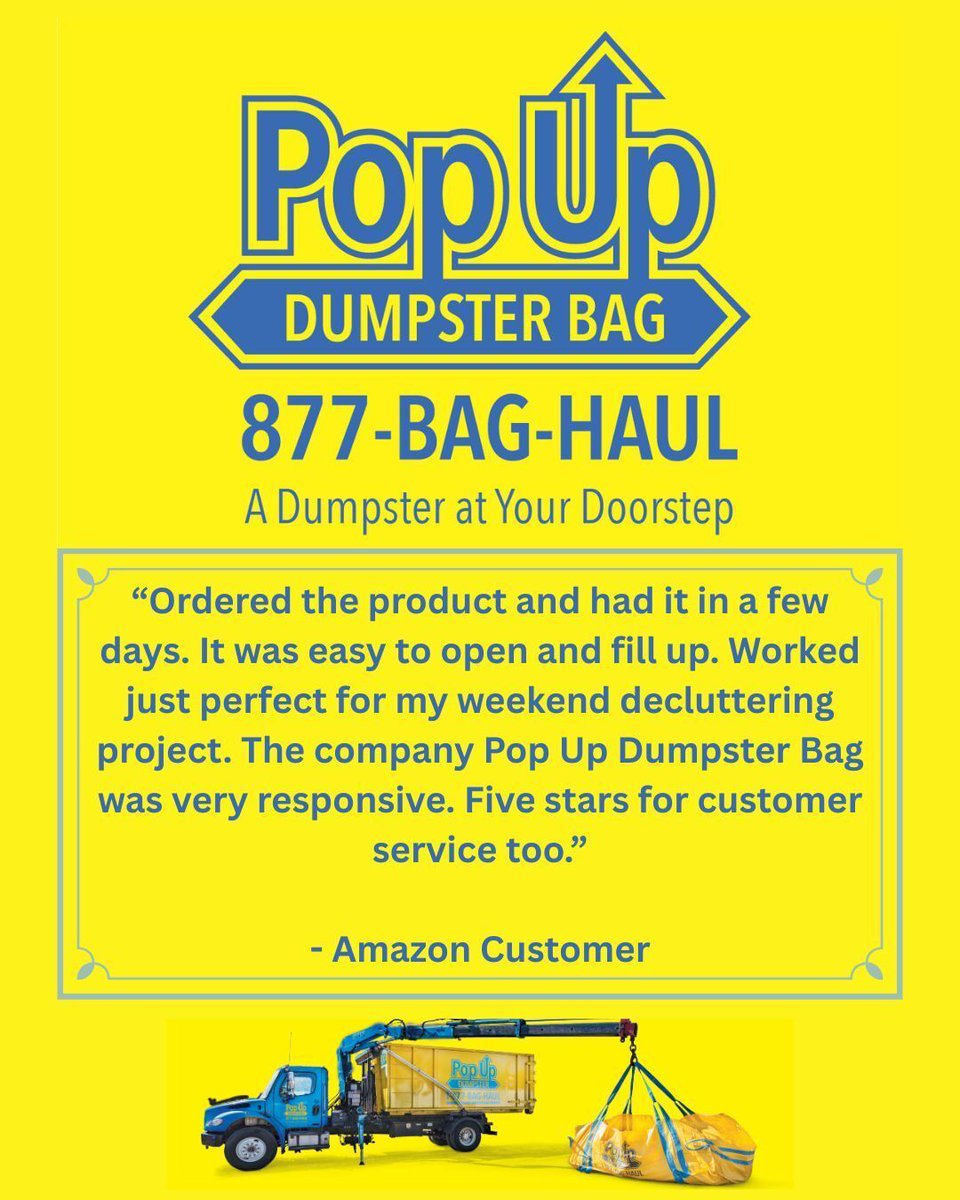pop_up_dumpster's tweet image. #testimonialtuesday

Another happy customer!!

Pop Up Dumpster Bag
popupdumpsterbag.com
support@popupdumpsterbag.com
877-BAG-HAUL (224-4285)

#dumpster #dumpsterbag #crane #declutter #wolverine #junkremoval #debris #baghaul #cleaning #popup #amazon #hardware