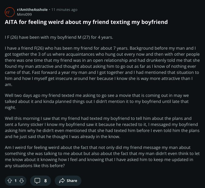 AmITheAssholeX's tweet image. AITA for feeling weird about my friend texting my boyfriend

 #aitah #amitheasshole #advice
