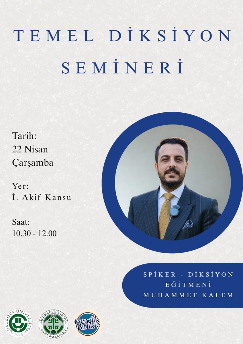 Muhammetkalemm's tweet photo. Konuş ki dünya seni duysun. 

Yarın sabah 10.30’da Çukurova Üniversitesi İ. Akif Kansu salonunda, Temel Diksiyon Eğitimi ile dilimizin sunduğu olanakları keşfetmek için buluşuyoruz.

#çukurovaüniversitesi ​#diksiyon #hitabet #eğitim #DiksiyonEğitimi https://t.co/2zGZQjv33F