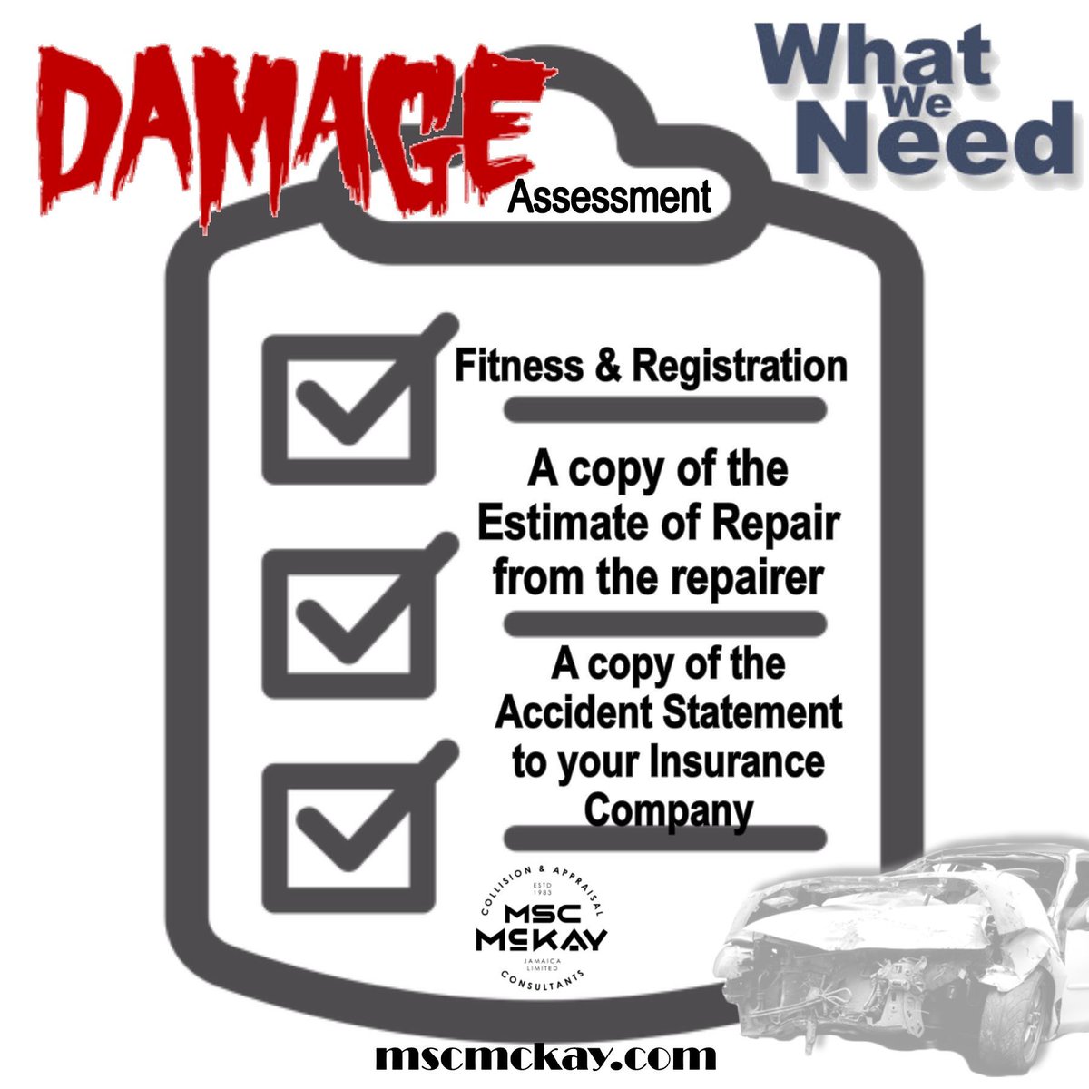 MscMckay's tweet image. Have your documents ready for your Damage Assessment. Give us a call to set up an appointment, we to come to you. If you’re visiting a branch, save time by pre registering online. Full details at mscmckay.com.
.
.
.
#beprepared #docucheck #Damage #Assessment #Jamaica