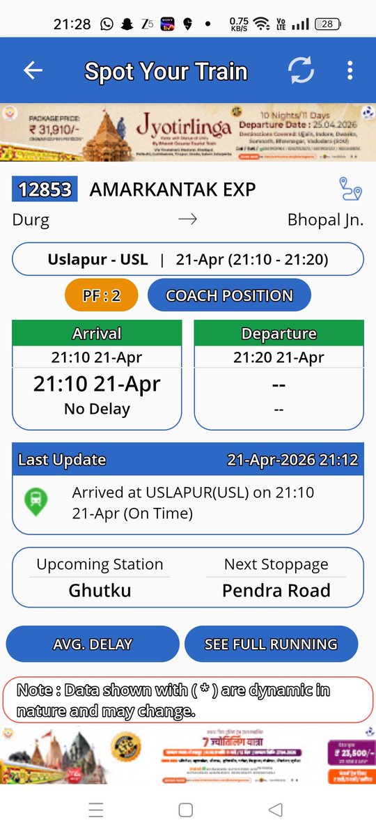 arunpathakindia's tweet photo. @RailMadad @RailMinIndia @DRMBilaspur @GMSECR @AshwiniVaishnaw NTES showing arrival ONTIME @21:10 whereas train is 5 km away @21:28. Just look the way public is fooled. Please make it realistic now. https://t.co/lgyBqaOYsG