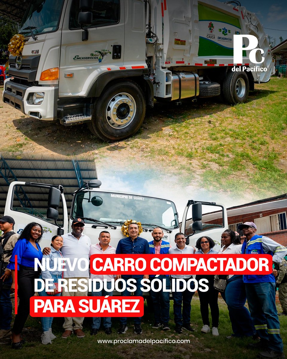 Proclama's tweet photo. #BuenaEsa: Suárez ya no está esperando soluciones. Las está construyendo. 🚛✅

Hoy hay un nuevo carro compactador y dos moto cargueros al servicio del municipio. No es solo una entrega. Es una respuesta concreta a una necesidad que la gente conoce bien: el manejo de los residuos y el orden en las calles. 

Aquí hay gestión, decisiones y trabajo conjunto. El alcalde César Cerón logró que este apoyo llegara con el respaldo del gobernador Octavio Guzmán y de Jorge Macías desde Emcaservicios. 

Ahora viene lo más importante: lo que hagamos como comunidad. Cuidar estos equipos, usarlos bien y asumir una cultura ciudadana que se note en cada barrio.

Esto no termina con una entrega. Esto empieza hoy.

Suárez avanza cuando la gestión se convierte en hechos.

Además, el gobernador del Cauca, Octavio Guzmán informó que: "Venir a Suárez siempre es motivo de alegría y esperanza. Estamos aquí porque decidimos construir con resultados: 

🌽 Como campesino, hijo de vereda, me llena de profundo orgullo ver el gran avance en la construcción de la galería municipal, una estructura moderna que contará con 3 pabellones al servicio de nuestros agricultores.

🚊 Ejecutamos mejoramiento de la vía Suárez –Asnazú y avanzamos en la construcción de placas huella junto a las Juntas de Acción Comunal, transformando trochas en caminos dignos, porque el desarrollo también es rural.

⚽️ Vemos a Suárez como una potencia deportiva, por eso adelantamos la construcción de dos polideportivos. 

🚛 Hoy entregamos un vehículo compactador de residuos sólidos para el sector rural y urbano, fortaleciendo la gestión ambiental, así como dos vehículos de carga para el servicio comunitario.

🏥 Con gestión y trabajo en equipo con el Ministerio de salud estamos adecuando el hospital, contamos con 12 equipos de Atención Primaria en Salud y avanzamos en el proyecto de dotación hospitalaria. 

Aquí hay hechos que nacen del territorio y evidencian inversión real, en beneficio de más de 34.000 habitantes de Suárez. Esta es #LaFuerzaDelPueblo con inversión social, presencia institucional y decisiones para transitar hacia la Paz".

Comente, comparta.

@OctavioGuzmanGu @GobCauca @Suarez_cauca