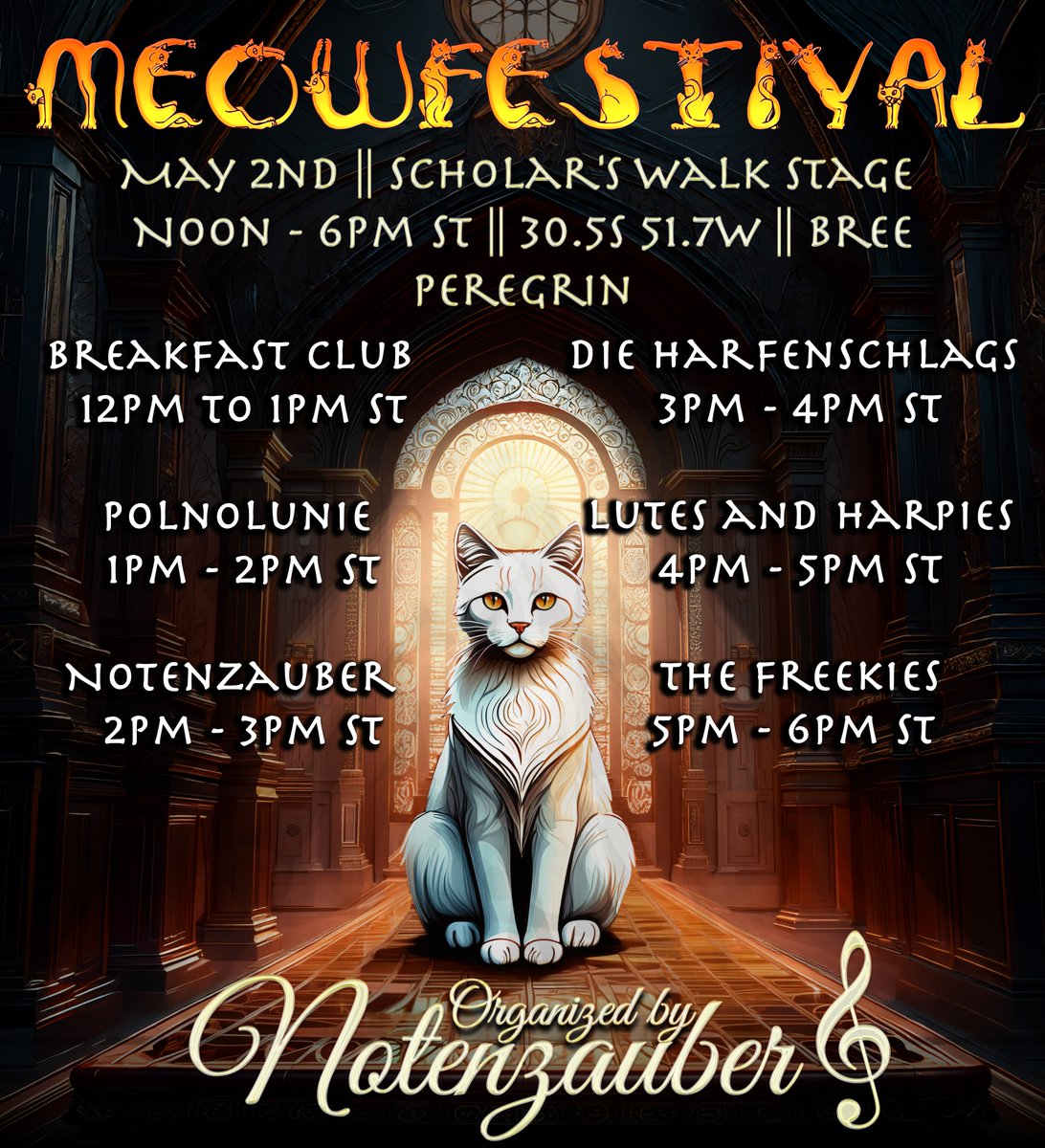 PeregrinEvents's tweet photo. MeowFestival is coming Saturday May 2nd on #Peregrin with an updated line up of great bands here! #lotro https://t.co/iY3H6dh63P