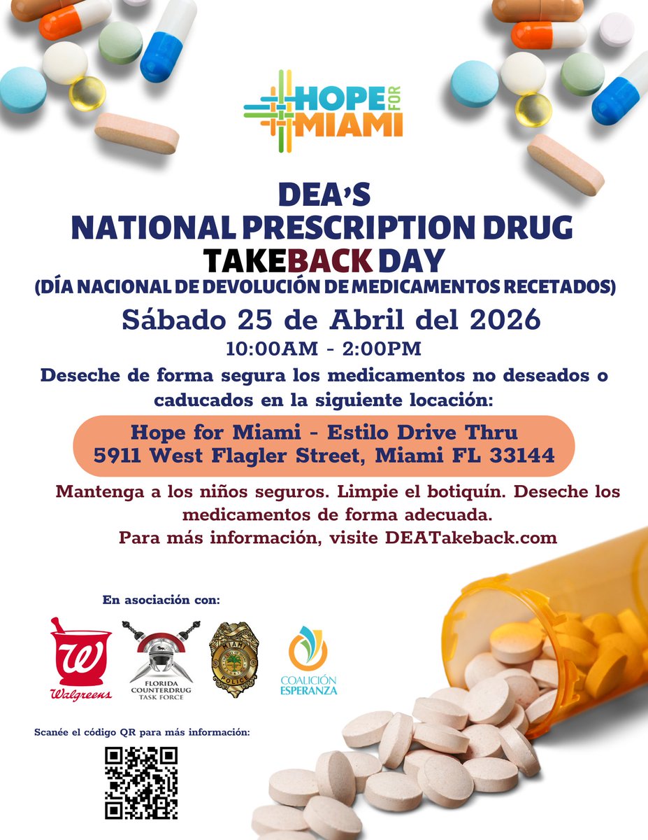 InformedFamily's tweet image. Join us for DEA National Prescription Drug Take Back Day on Saturday, April 25, 2026 | 10 AM–2 PM at Hope for Miami, 5911 W Flagler St, Miami, FL 33144. Safely dispose of unwanted or expired medications.
#DEATakeBackDay #Miami