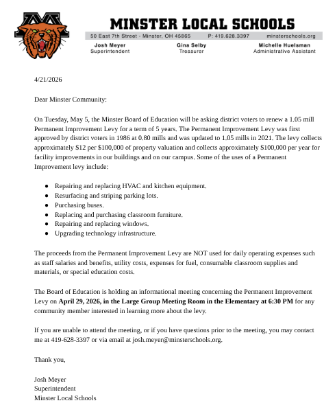 Please see the letter below for more information regarding the renewal of a Permanent Improvement Levy that is on the ballot May 5. 

Please contact Josh Meyer, Superintendent, with any questions at 419-628-3397.