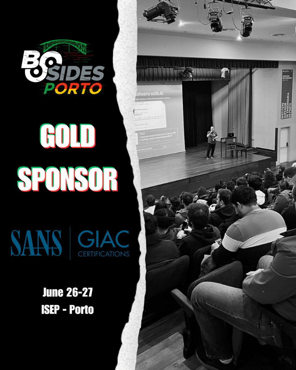bsidesporto's tweet image. Gold Sponsor Announcement 📣 

Let’s welcome our BSides 2026 Gold Sponsor, @SANSInstitute and @CertifyGIAC! 🥳 

Thank you for supporting learning, meaningful connections, talks, workshops, villages and much more. 

#bsides #hacking #infosec #event #tickets #sponsor