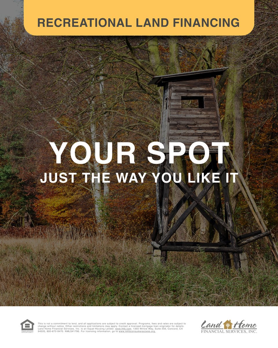 Your spot. Just the way you like it.

Whether it’s hunting land, recreational acreage, or a place to build your outdoor escape, the right financing can help turn your vision into reality. 

We offer flexible recreational land financing designed for the way you actually use your