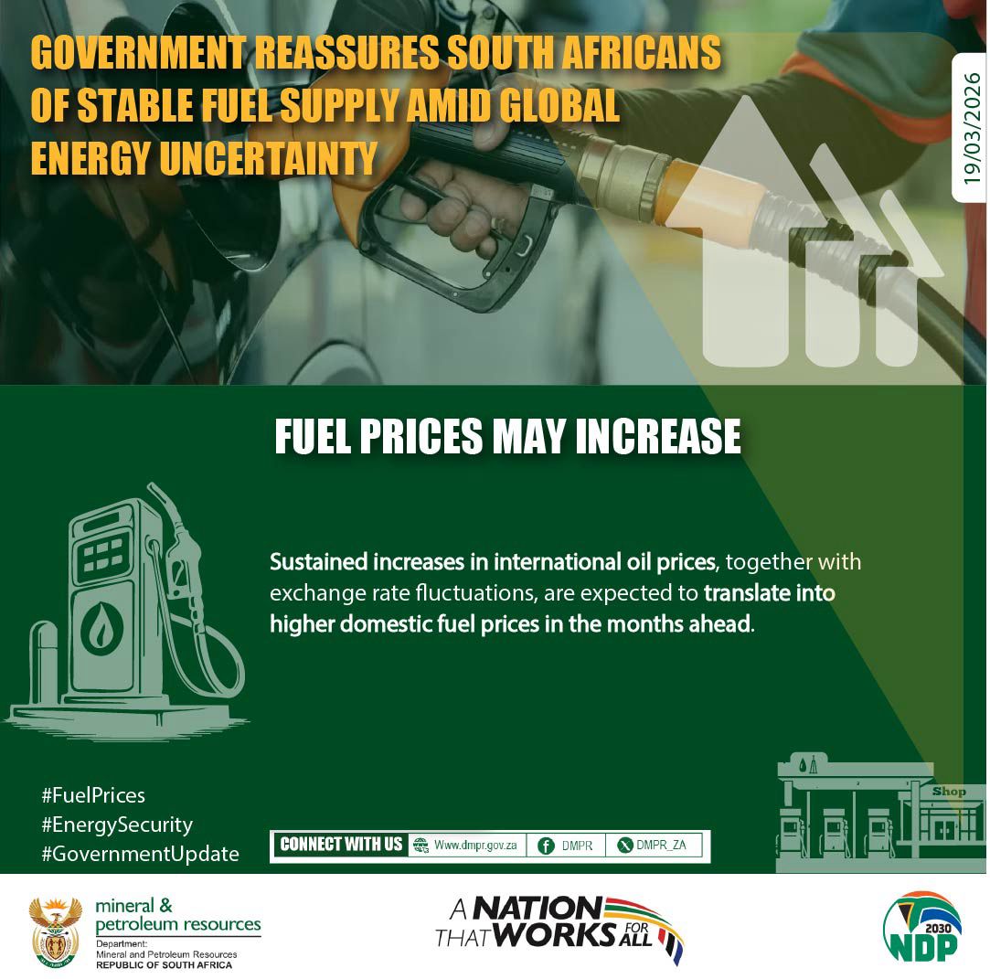 GovernmentZA's tweet image. ⛽ Fuel prices may increase
Sustained increases in international oil prices and exchange rate fluctuations are expected to push domestic fuel prices higher in the months ahead.

#FuelPrices #EnergySecurity #GovZAUpdates