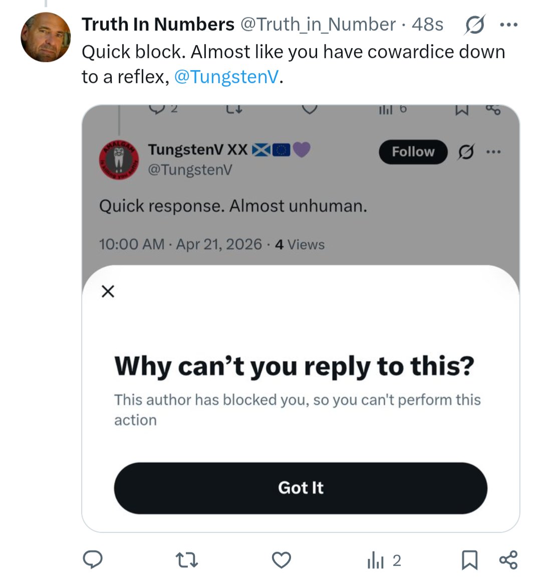 3action's tweet photo. @TungstenV @Truth_in_Number You really showed him. https://t.co/z7RoAmmPIb