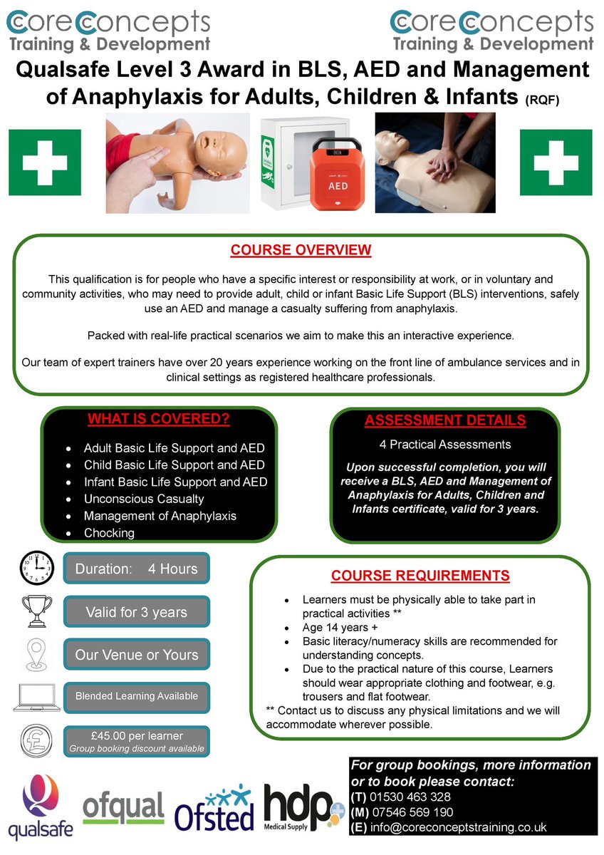 TheHubatME's tweet photo. 🚨‼️4 SPACES AVAILABLE!‼️🚨

A BLS, AED &amp; Management of Anaphylaxis for Adults, Children &amp; Infants course running THIS FRIDAY at 1:30pm, delivered by @CC_Training_

For more info or to book on please contact.::
📧zoe@coreconceptstraining.co.uk
📞07749 685 462
☎️01530 242 240 https://t.co/IbtX58nri1