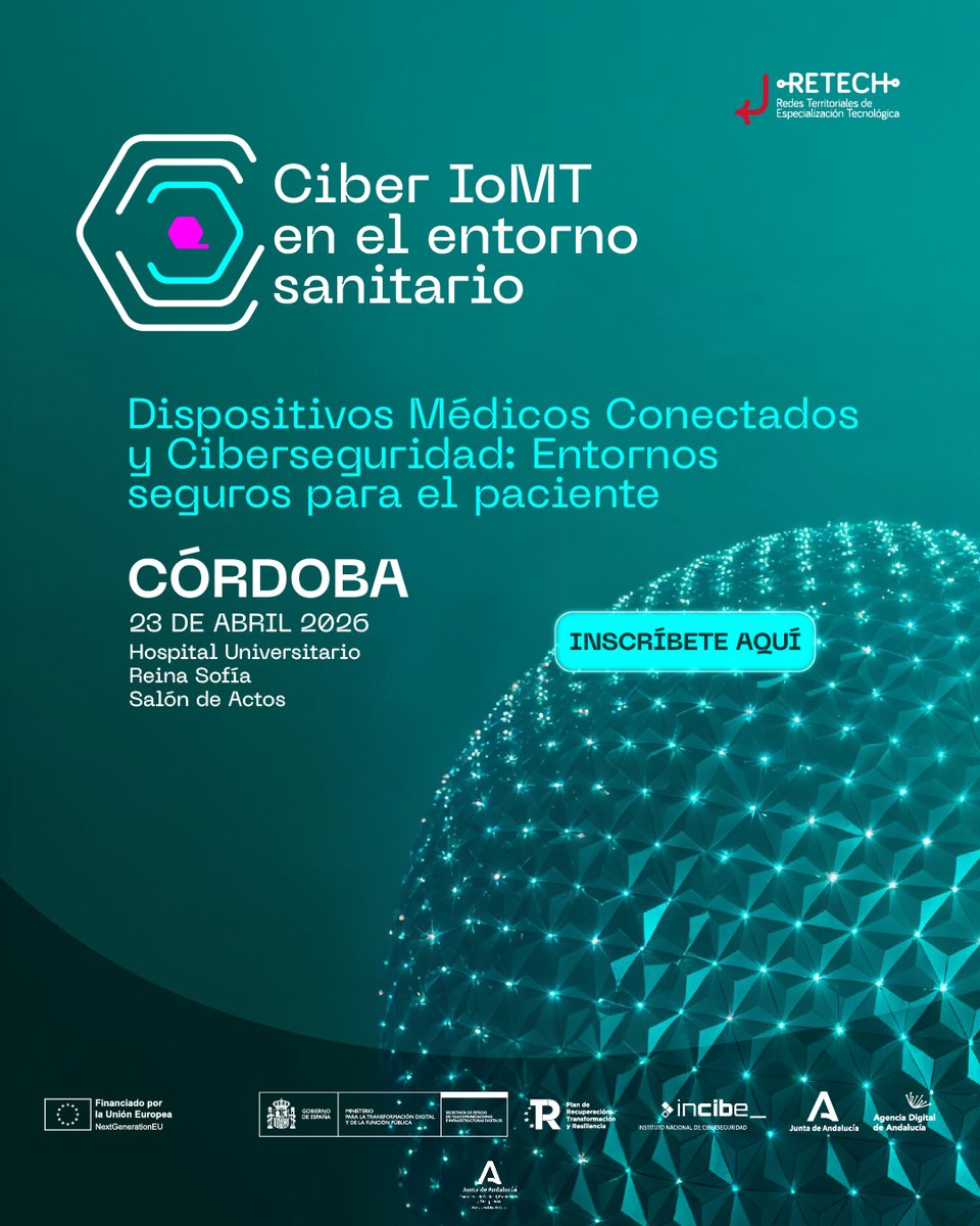 AgenciaDigAnd's tweet image. Las jornadas sobre ciberseguridad en dispositivos médicos conectados (#IoMT) del @CentroCiberAND llegan al @HUReinaSofia de Córdoba para profesionales del Servicio Andaluz de Salud.

🔸​ Casos reales
🔸​ IA en salud
🔸​ Seguridad del paciente

¡Inscríbete! docs.google.com/forms/d/1gi3-O…