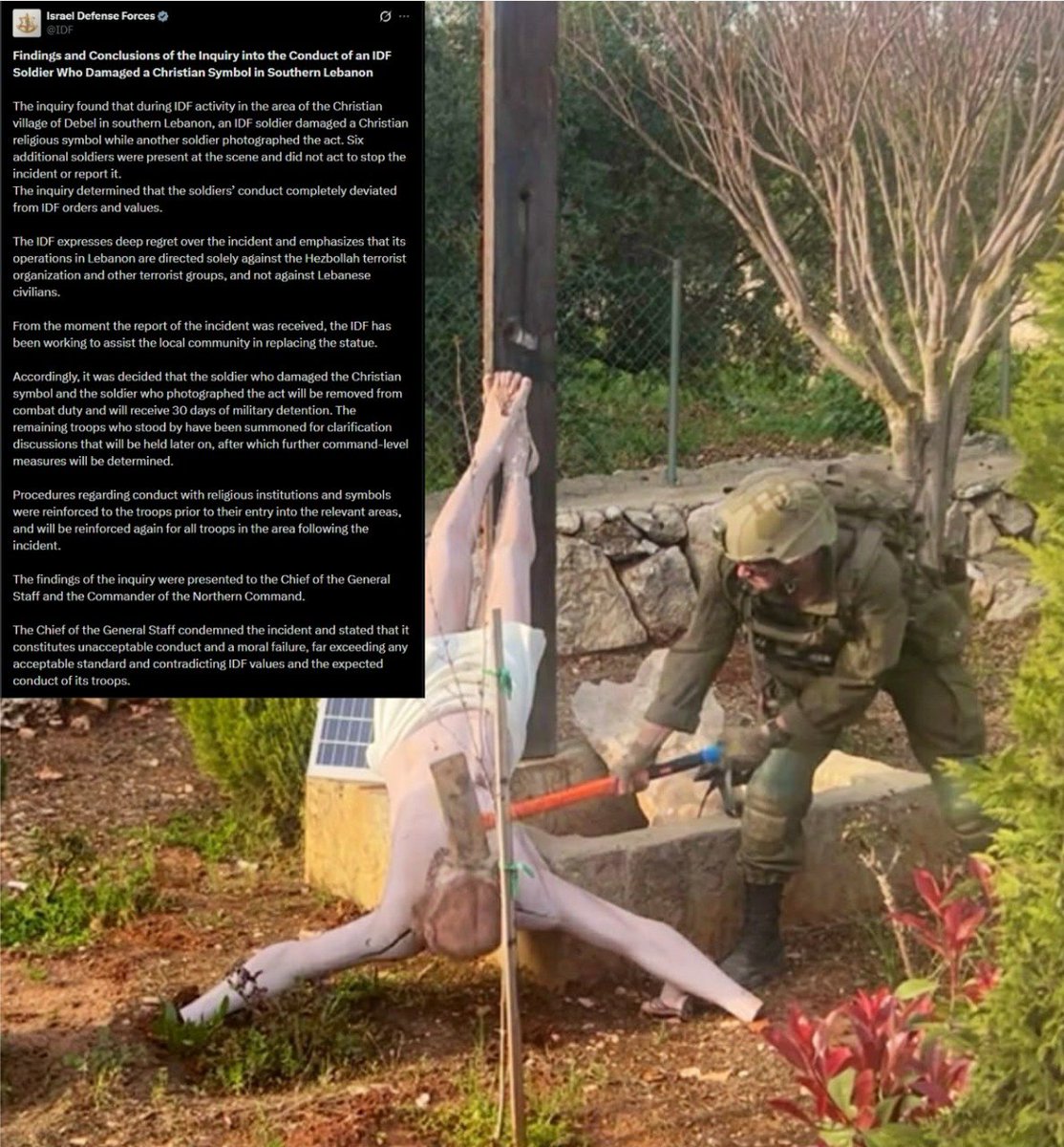 RedPepperUG's tweet photo. #PepperUpdatesUG
2 Israeli soldiers DETAINED for destruction of Jesus statue in Lebanon
In a statement, @IDF announced that soldier who smashed the statue and soldier who took a photo were 'removed from combat duty and will receive 30 DAYS OF MILITARY DETENTION' https://t.co/gMd2dk0oEk