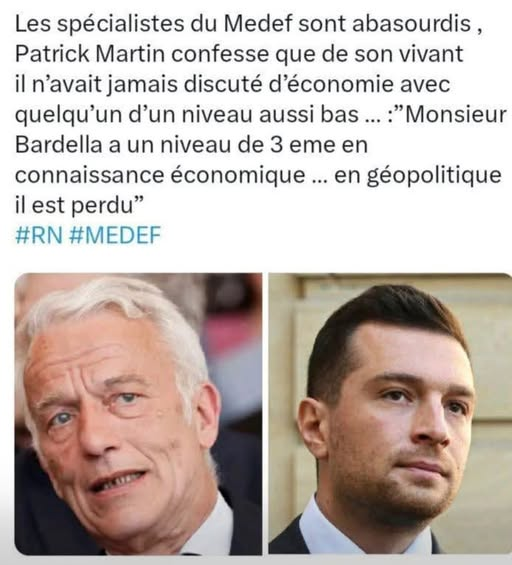 JRenardiere's tweet image. Si vous en doutiez encore...

Voici ce que donnent les dernières réactions du #Medef et des économistes sur le niveau économique de #JordanBardella et du #RN