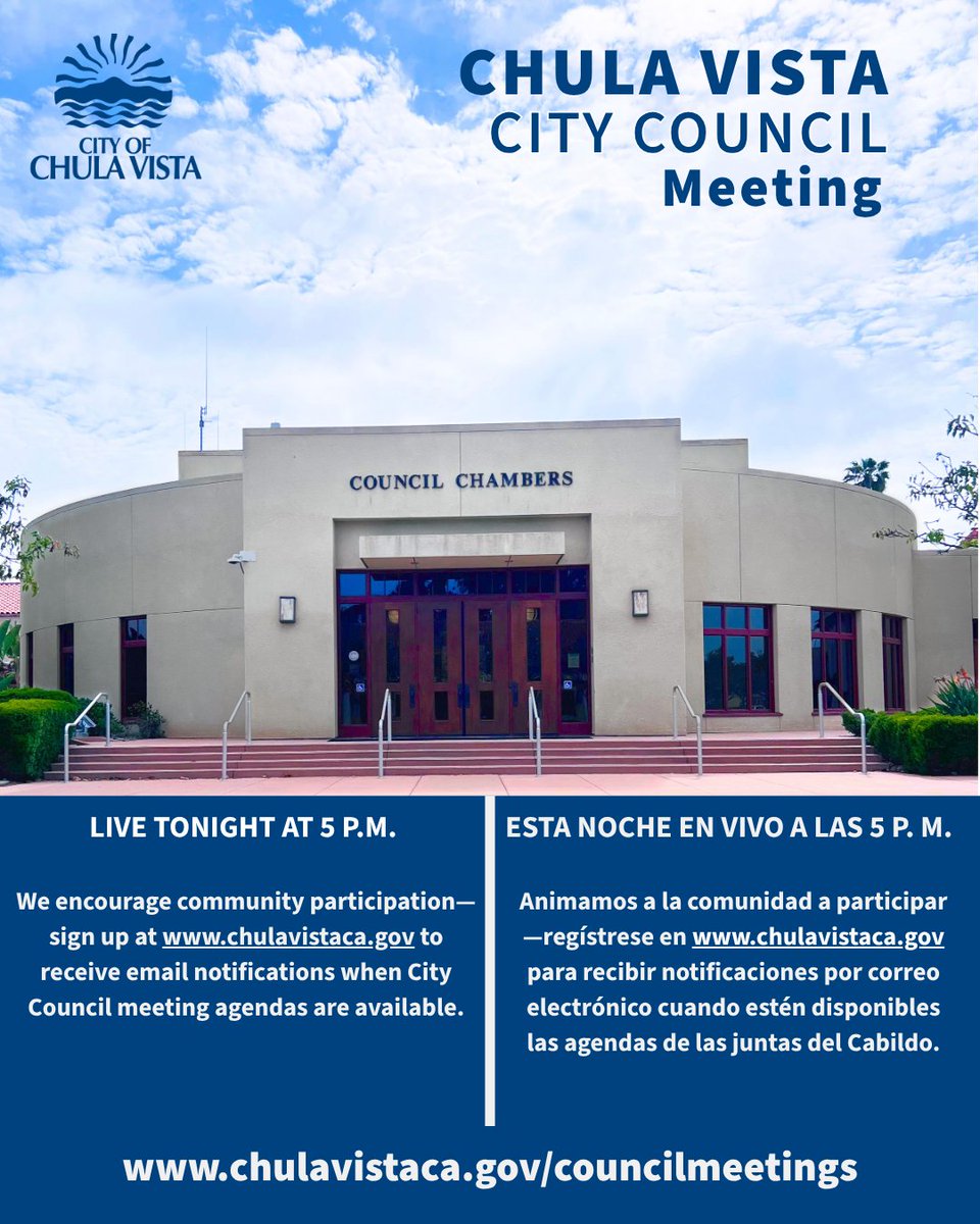 thinkchulavista's tweet image. The #ChulaVista City Council meets tonight at 5 pm. 
▶️ View the agenda and watch live on Cox Cable channel 24 (only in CV) or livestream. 
▶️ Check chulavistaca.gov/councilmeetings for details.