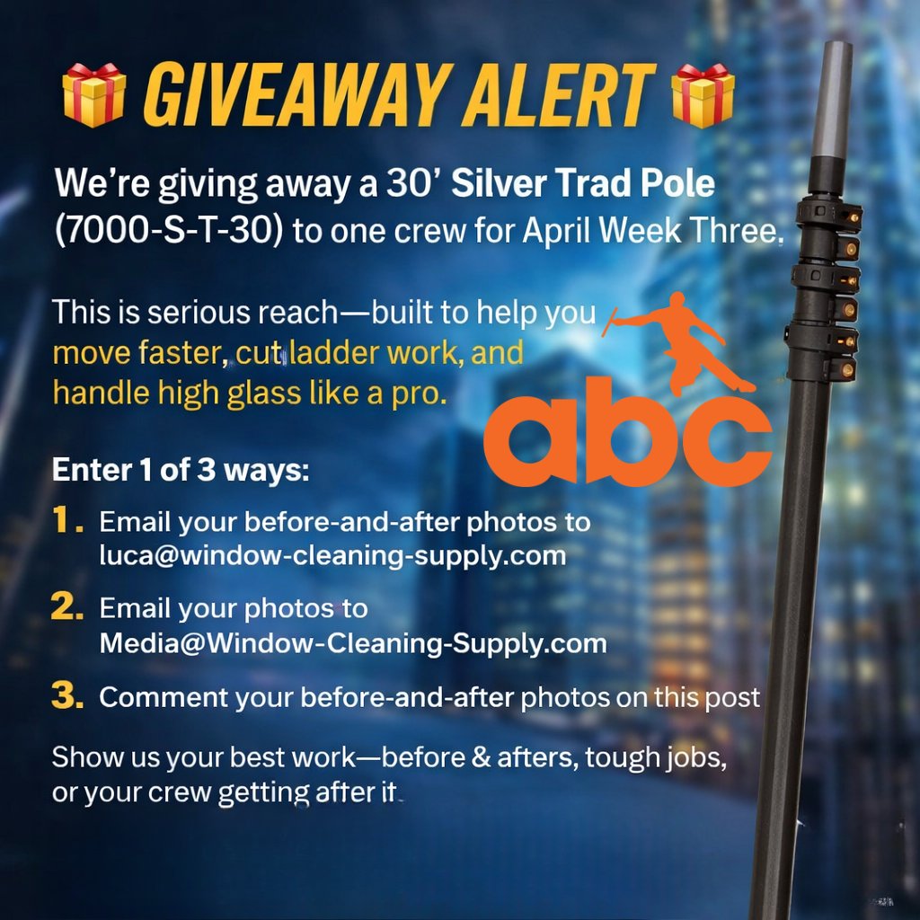 🎁 Week 3 Giveaway! Win a 30’ Silver Trad Pole! 🚀 

Enter by emailing your before-and-after photos to luca@window-cleaning-supply.com or Media@Window-Cleaning-Supply.com, or comment/DM us here!

Contest ends April 21. U.S. customers only. Good luck! 🍀 #Giveaway #WindowCleaning