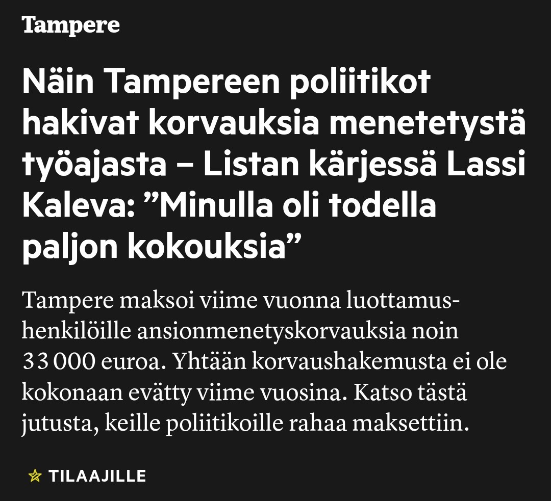 En ihan ymmärrä tätä verovarojen kuppausta, kun kokouksista saa jo palkkion. Systeemi mahdollistaisi korruption, kun 2/3 hakemuksista meni läpi ilman liitteitä = ei vaadittu todistusta menetetyistä tuloista.

Itse otin palkatonta vapaata/miinustunteja, kuten muihin harrastuksiin.