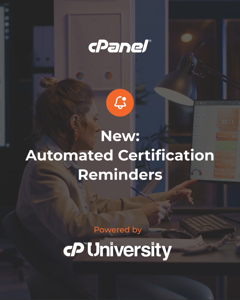cPanel's tweet image. Never miss a Partner Certification renewal!
cPanel University now sends expiration reminders only to Company Admins.
✅ Action:
🔹 Create your account
🔹 Ensure you have the Company Admin role
Stay certified 👉 shorturl.at/ulY1m
#cPanelUniversity #WebHosting #Certification