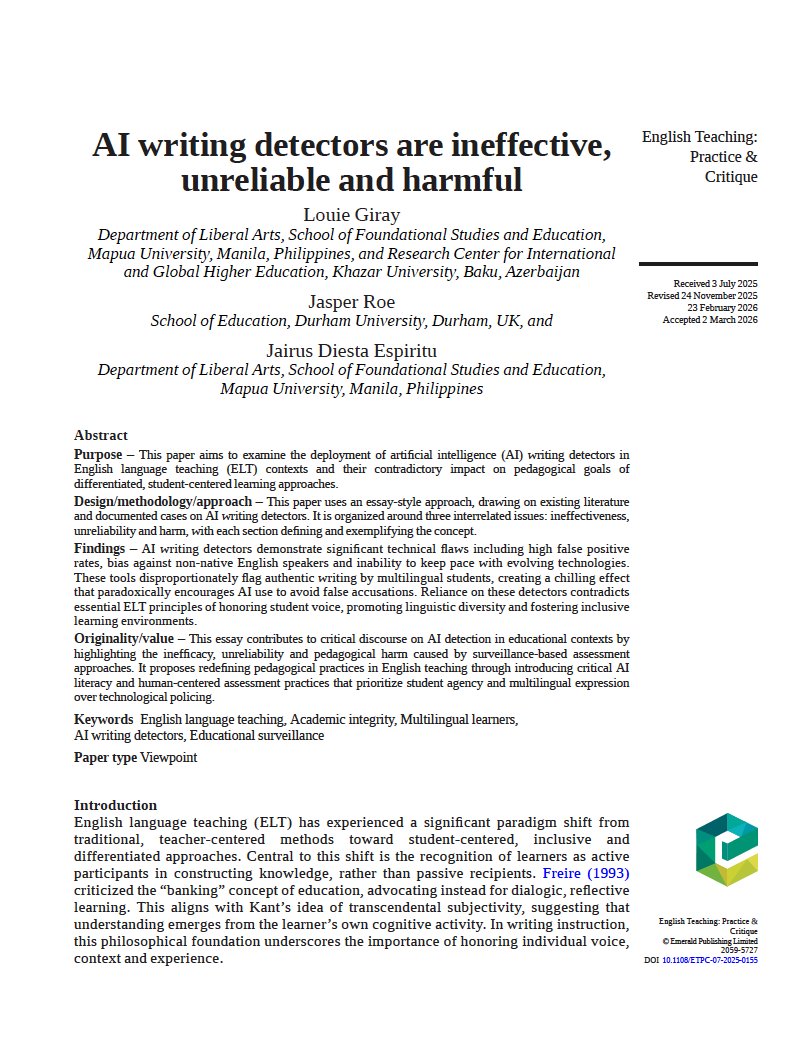 DavidPBLRoss's tweet image. New Study: AI writing detectors are ineffective, unreliable and harmful via @ResearchGate #edtech #GenAI #ailiteracy #aiready #aifluency #edpolicy #edresearch #AIdetectors #plagiarism @NCTE