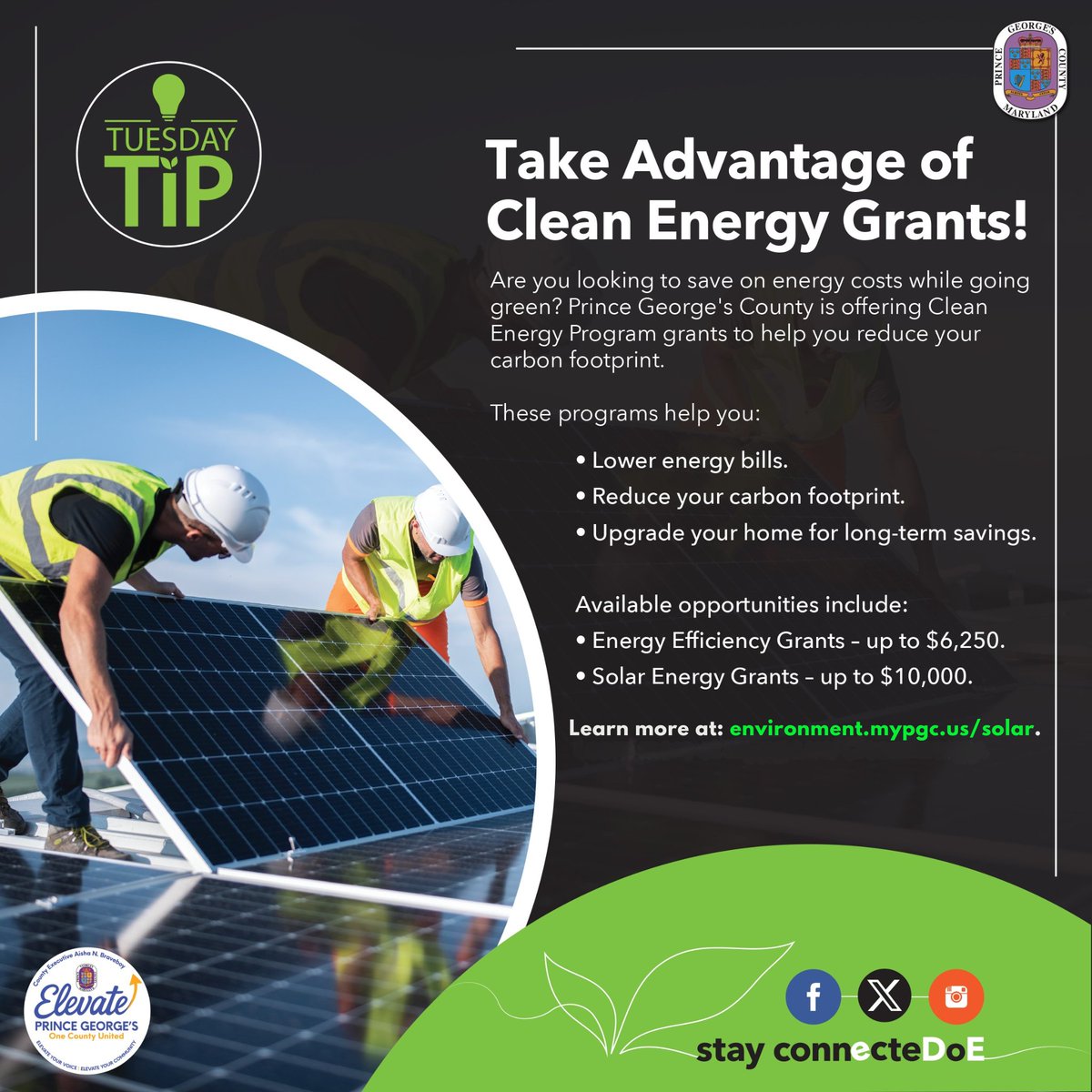 PGCSprout's tweet image. 💡♻️ #TuesdayTip: Save energy &amp;amp; money with Clean Energy Grants! 🏡⚡

💰 Up to $6,250 (efficiency) | ☀️ $10,000 (solar)
Lower bills. Reduce your footprint. Upgrade your home. 🌎

🔗 environment.mypgc.us/solar

#PGCEarthDayEveryDay #ElevatePrinceGeorges #CleanEnergy