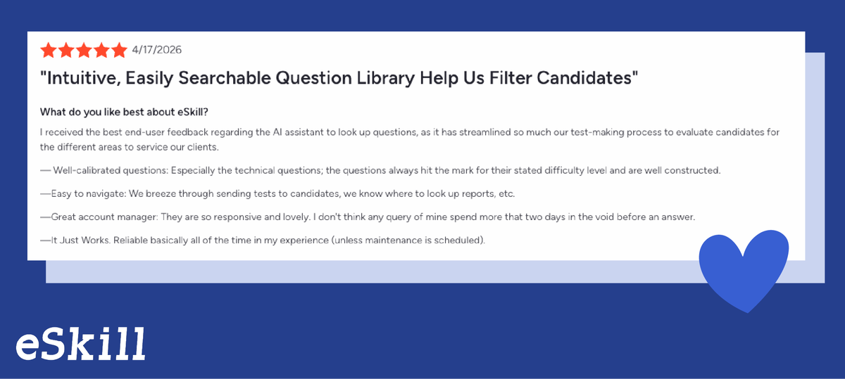 eSkillCorp's tweet photo. “It Just Works.” 🩵

Positive reviews like this one help us in our mission of helping organizations find and hire better quality candidates.

Come see for yourself how eSkill can help you evaluate what matters by talking with our sales team here: https://t.co/MN7TdvQdgT https://t.co/UegshPKQ7X