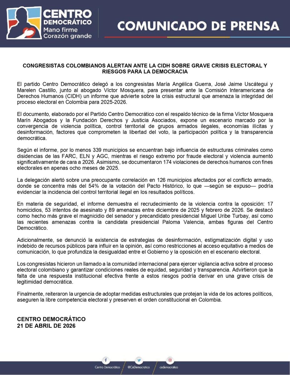 Congresistas colombianos alertan ante la CIDH sobre grave crisis electoral y riesgos para la democracia 🚨