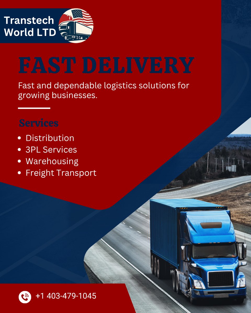 Transtech_world's tweet image. Deliver faster with Transtech World 🚛 We provide reliable logistics, freight, and 3PL services to keep your business moving efficiently. 

📞 +1 403-479-1045 

#Logistics #Delivery #3PL #Transport #Business