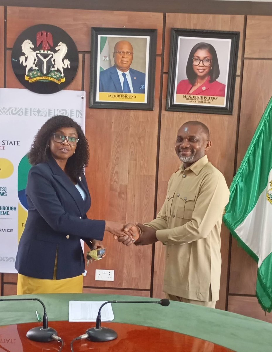 IniAKPANN's tweet photo. 25 AKWA IBOM WORKERS RECEIVE NEW HOUSES

Public Servants in Akwa Ibom State have been presented with keys the 25 brand new 2-Bedroom Bungalows recently built for workers by  the State Government, which is in addition to the 150 free 2-Bedroom Expandable Flats the State Government donated to junior public servants on Grade Level 01-08.

In a brief ceremony at the Conference Room of the Head of Civil Service, today, Tuesday, 21st April, 2026 to  present keys to beneficiaries of the new houses on behalf of the State Government, organised by the Head of Civil Service, Mrs. Elsie Peters, who is also the Chairman of the National Housing Fund (NHF) in the State, saw the allottees in moment of excitement.

Lionel Udoka, one of the beneficiaries of the houses, expressed excitement for being a partaker of one of the buildings and pledged continued dedication to deliver on duties assigned to him.

“we are very excited to receive the keys to our new houses; we thank our dear Governor, Pastor Umo Eno, Ph.d for this good gesture and we also appreciate the Head of Civil Service, Mrs. Elsie Peters for facilitating the presentation of keys all of us today”, Ukoka said.

Speaking at the event, the Head of Civil Service, Mrs. Elsie Peters had said, the allocation of the Public Servants’ Estate, located at Ikpedip in Ibiono Ibom Local Government Area, has been one of the welfare packages by the State Government aim at ameliorating the housing and accommodation need of State workers in line with the ARISE Agenda of the present Governor Umo Eno.

The Head of Civil Service, who charged recipients of the housing units to continue in appreciating the governor also advised them to make good use of the facilities, saying, as you receive the keys to your houses today, you have to reciprocate Governor Umo Eno’s compassion and generosity through your support and loyalty to his administration.

Mrs. Peters also appreciated the State Governor, saying, “this gesture shows His Excellency’s magnanimity and deep concern to ameliorate the housing and accommodation need of public servants in the State.”

Setting the tone for the ceremony, the Permanent Secretary, serving in the Office of the Head of Civil Service, Ms. Doris Ikpuho had said, the 25 units of 2-Bedroom Bungalows are situated at the Public Servants’ Estate, Ikpedip, with the developer being the Akwa Ibom Property and Investment Company (APICO).

According to her, the construction of the Estate which was handled by MacDudu Resources Limited, was achievable through the drive put in place by the State Governor, Pastor Umo Eno, expressing thanks to the Head of Civil Service for working to facilitate the actualisation of government’s good intentions to officially present keys to the beneficiaries of the houses.