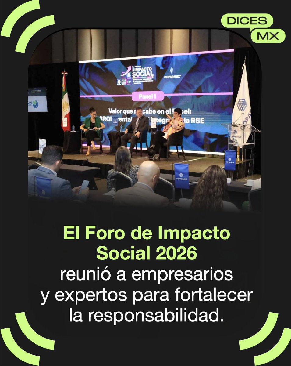 dicesmx's tweet image. 💡 El Foro de #ImpactoSocial 2026 refuerza una idea clave: las empresas que generan valor social también fortalecen su competitividad.

🇲🇽 @Coparmex impulsa un modelo donde el crecimiento económico va de la mano con el desarrollo del país.

💬 Y tú, ¿qué #DICES?

#COPARMEX