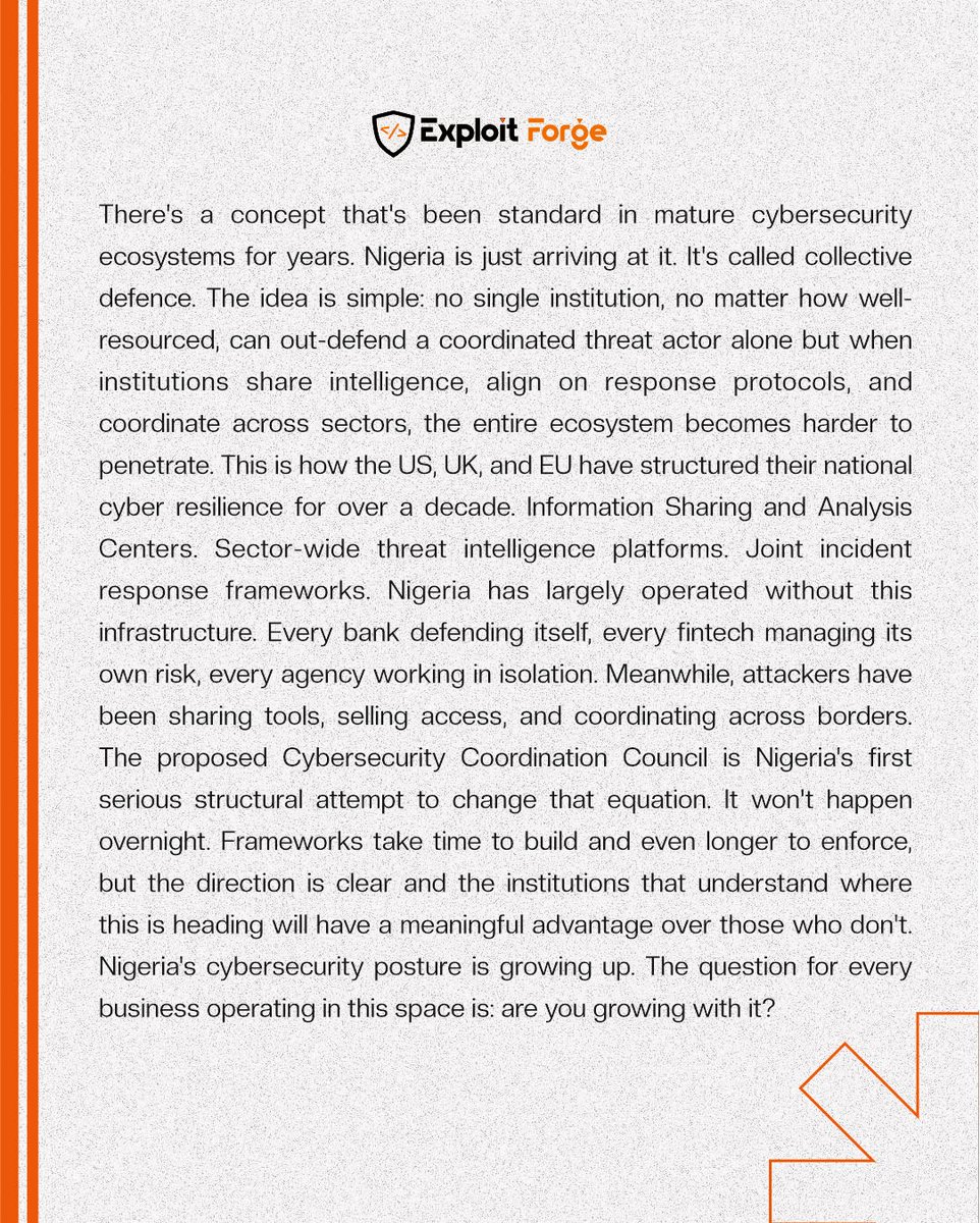 ExploitforgeLTD's tweet image. Nigeria's cybersecurity posture is growing.
The question is whether your business is growing with it. 

#CyberSecurity #InformationSecurity #cyberawareness #zeroday #SecDevOps